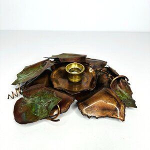 Brutalist Copper Leaves Centerpiece Handcrafted Brass Taper Candle Holder MCM